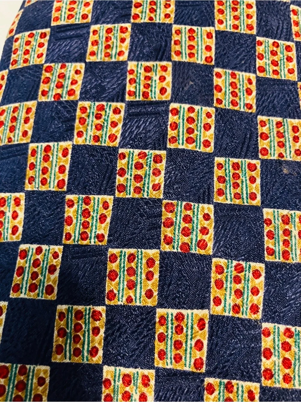 Ralph Lauren Navy Patterned Silk Tie - Blue and Gold geometric